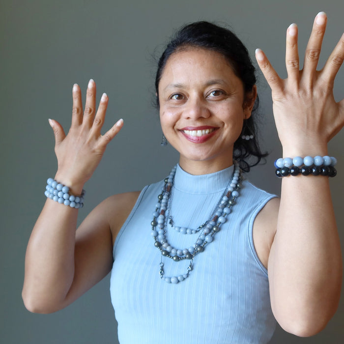 sheila of satin crystals wearing blue angelite jewelry