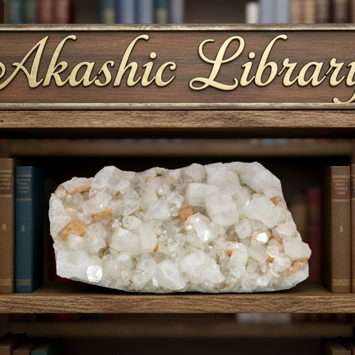 apophyllite cluster in akashic library bookcase