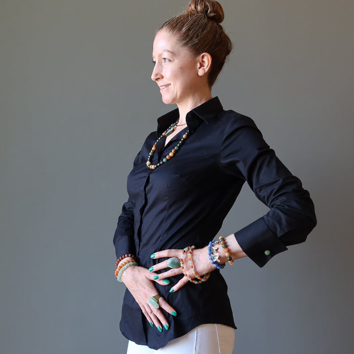 jamie of satin crystals posing with colorful aventurine jewelry