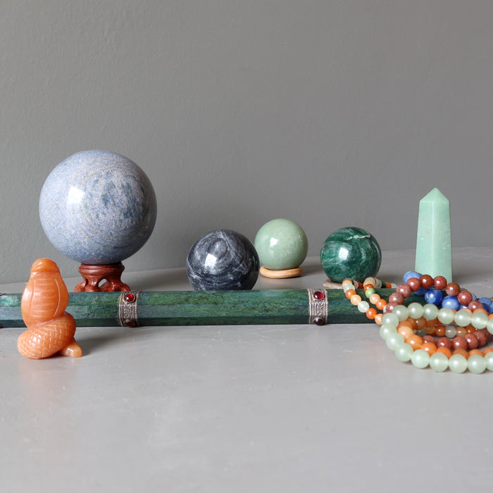 green, red, blue, grey aventurine stones