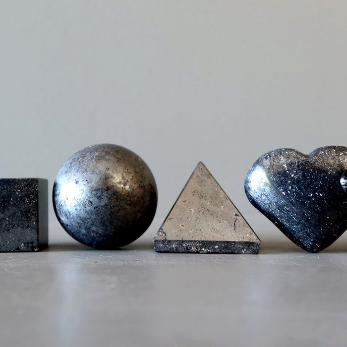 hematite cube, ball, pyramid, heart
