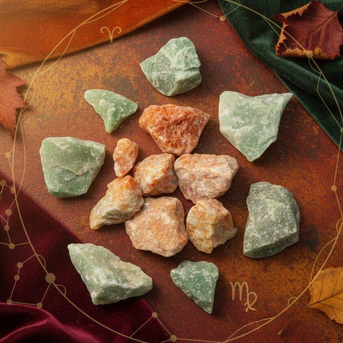 raw calcite stones in an autumn horoscope photo