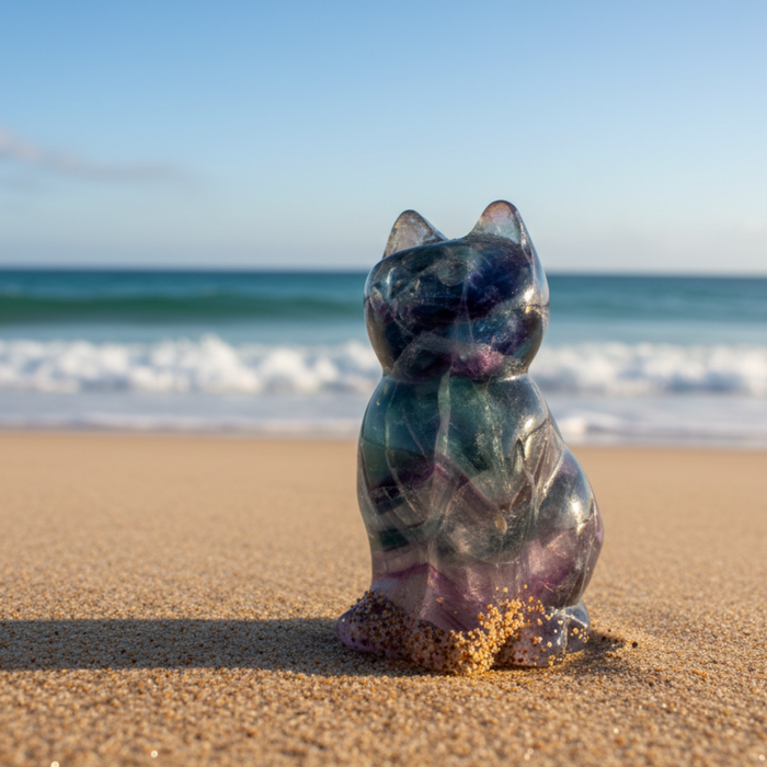 fluorite cat on a beach