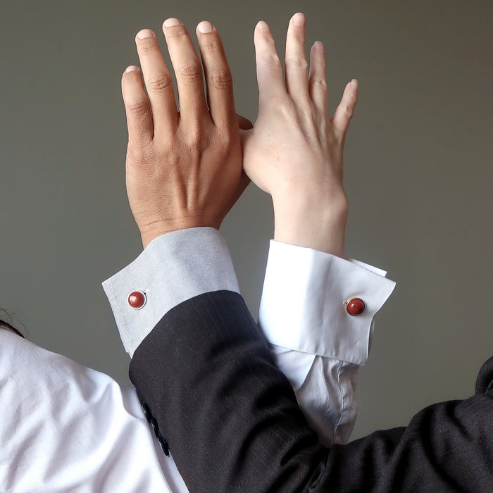 couple wearing red jasper cufflinks