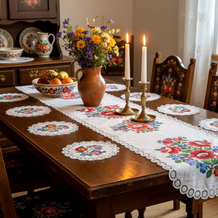 kalocsa hungarian embroidery in a dining room setting