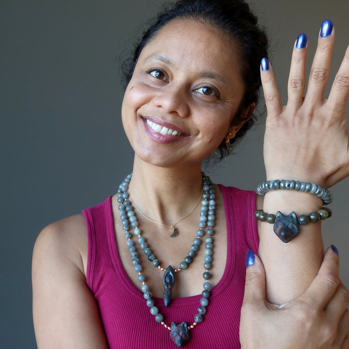 sheila of satin crystals wearing showcasing labradorite jewelry