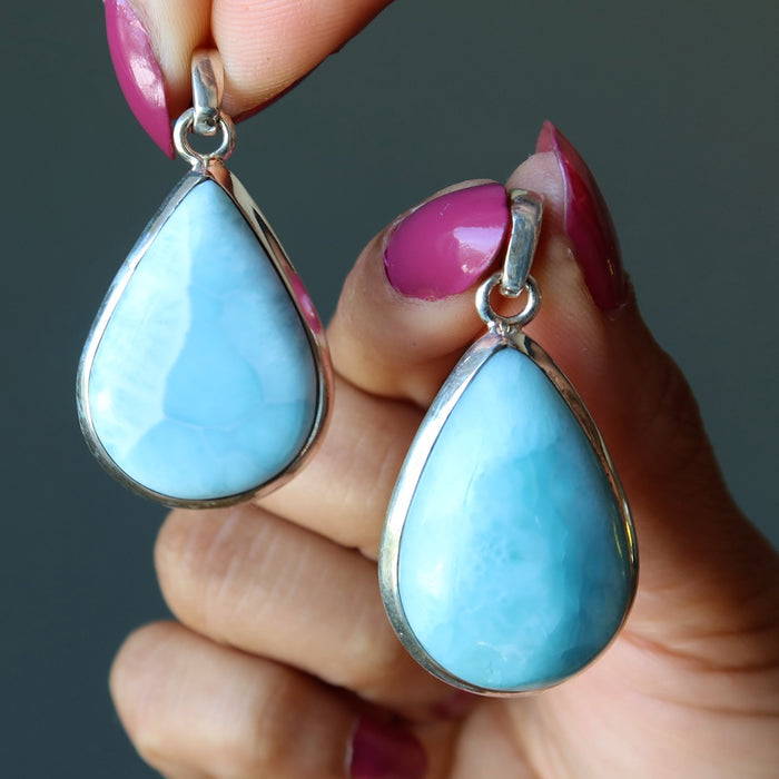 two larimar teardrop pendants