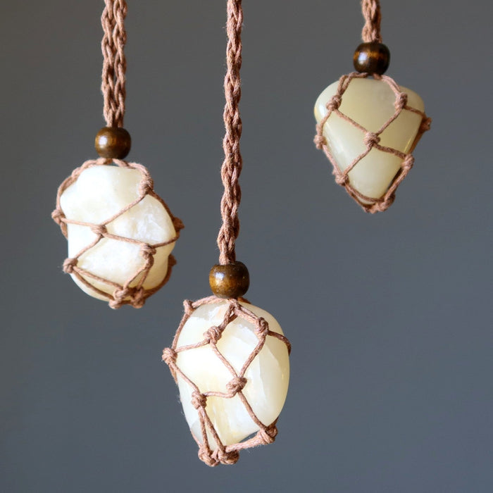 3 yellow calcite macrame necklaces