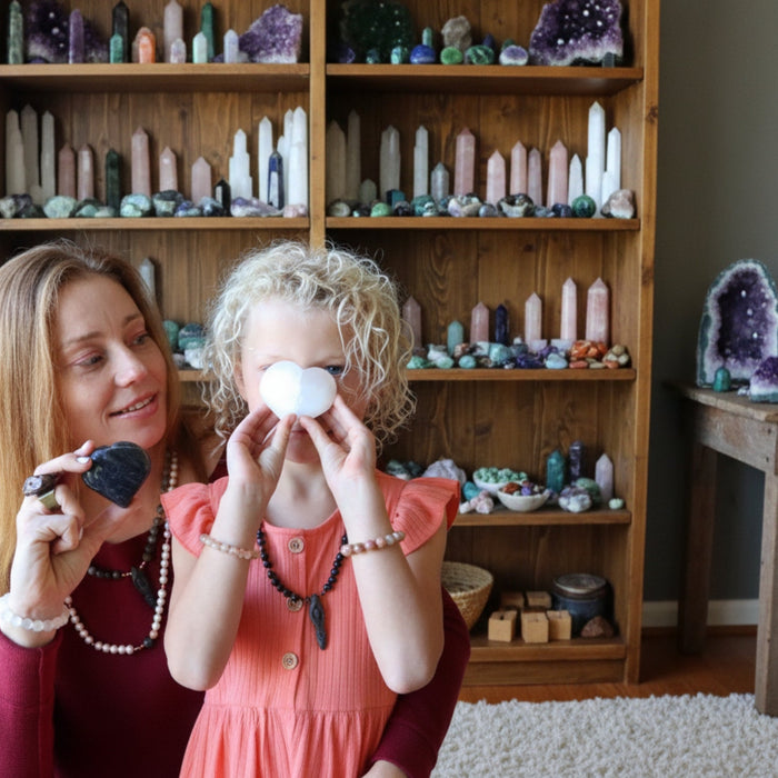 mother and daughter in a home full of crystals