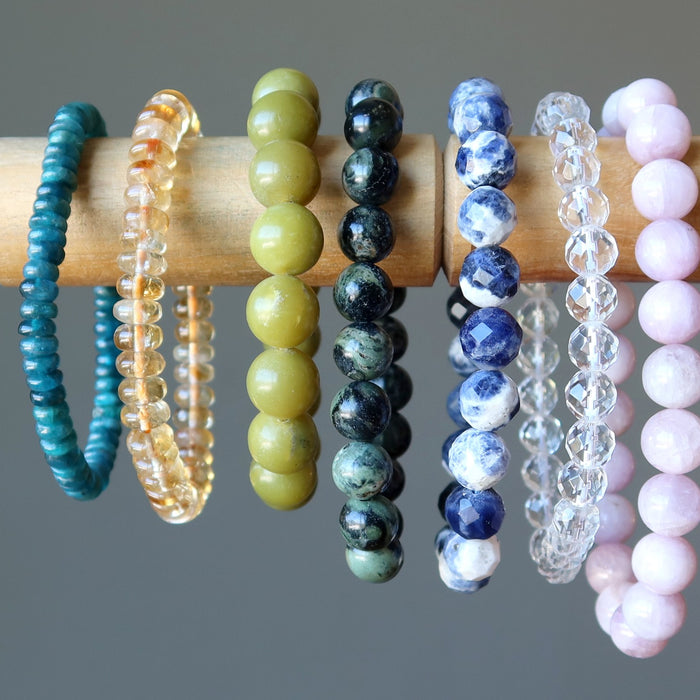 apatite, citrine, serpentine, jasper, sodalite, clear quartz, kunzite bracelets