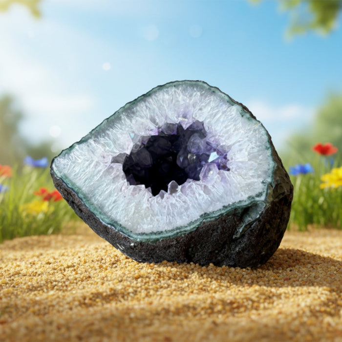 amethyst geode in summer setting
