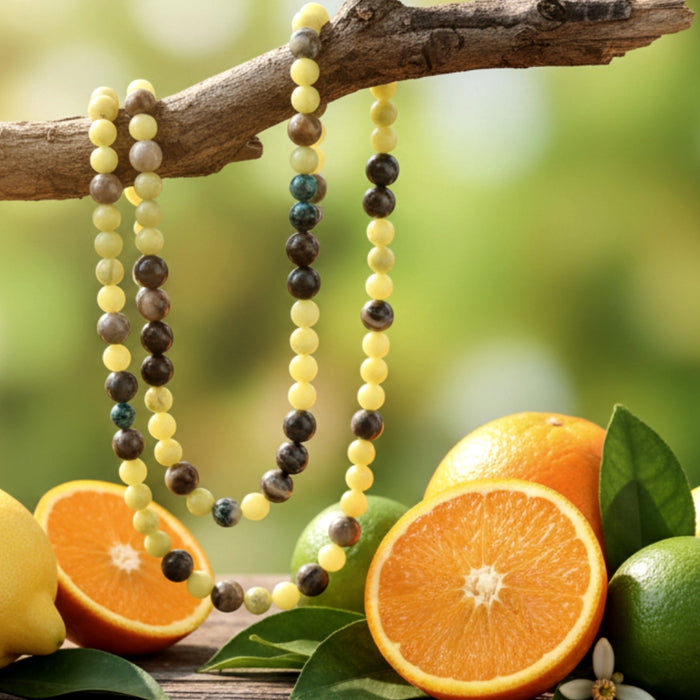 necklace hanging on branch with citrus