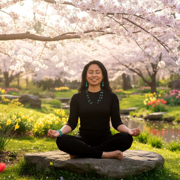 woman meditating with chrysocolla jewelry in a springtime setting