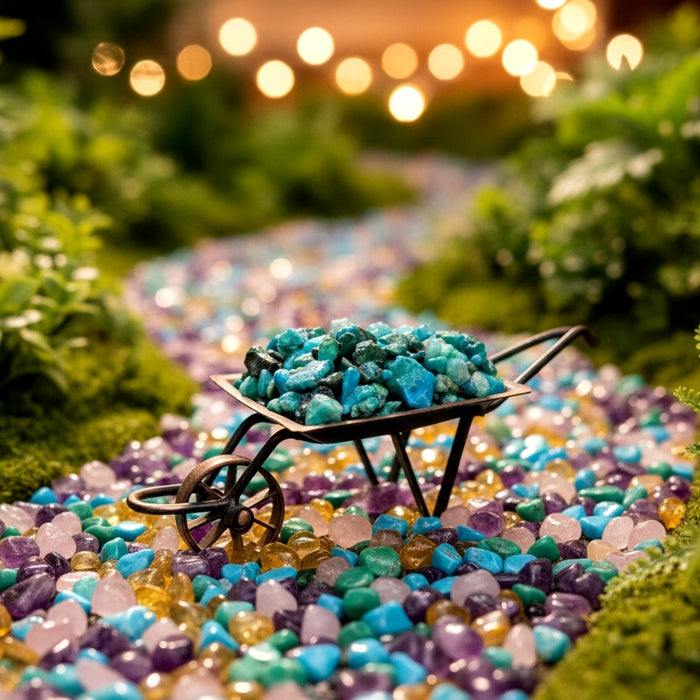 chrysocolla wheelbarrow on a path of gemstone chips