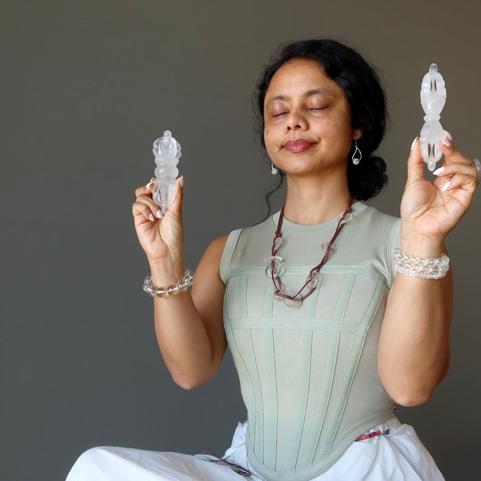 sheila of satin crystals meditating with clear quartz dorjes