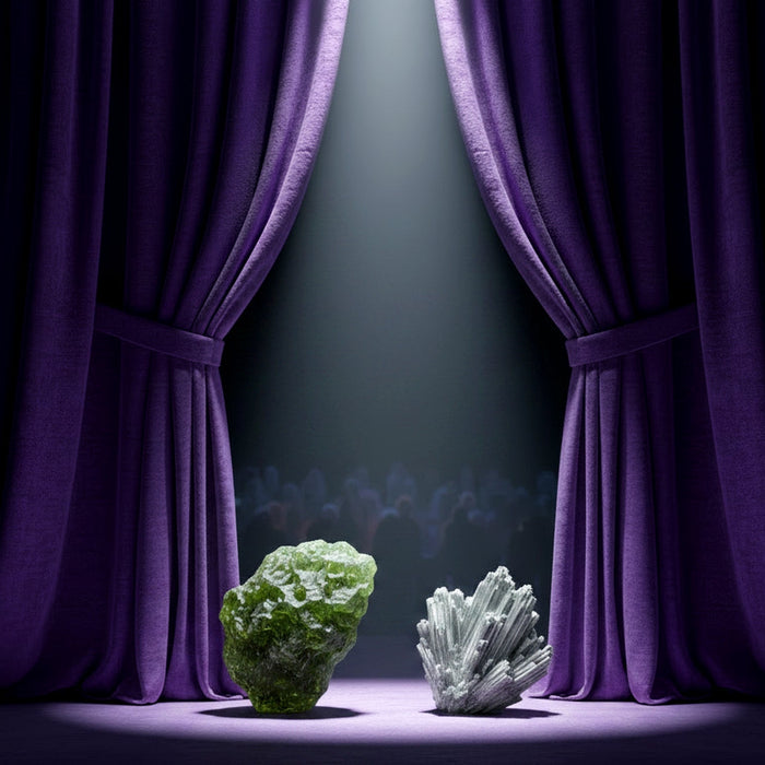 raw moldavite and stilbite on a stage