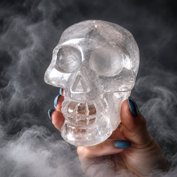 hand holding quartz skull among clouds