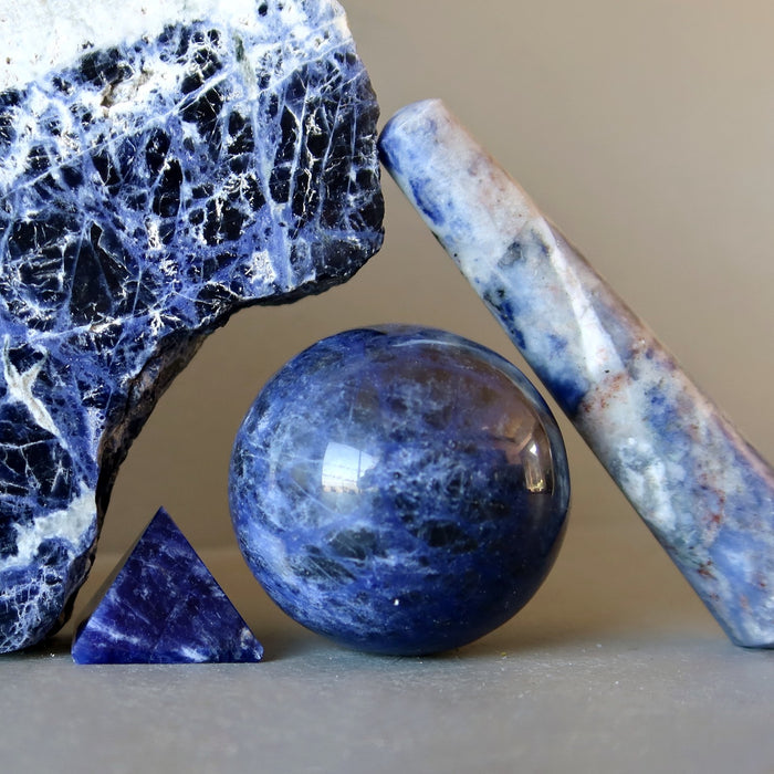 sodalite pyramid, sphere, wand, rough