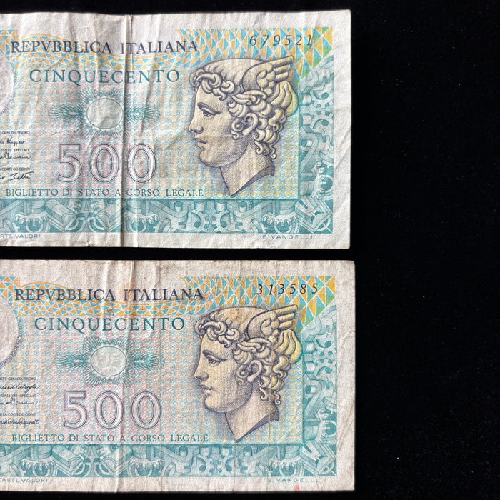 Vintage Banknote 1970s Set Italy 500 Lire Mercury Aretusa Lot 2 Italian History