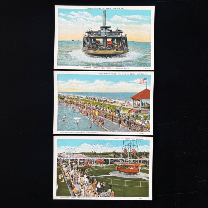 Vintage Postcard Lot Norfolk Virginia Beach Kiddyland Amusement Park Pool Ferry