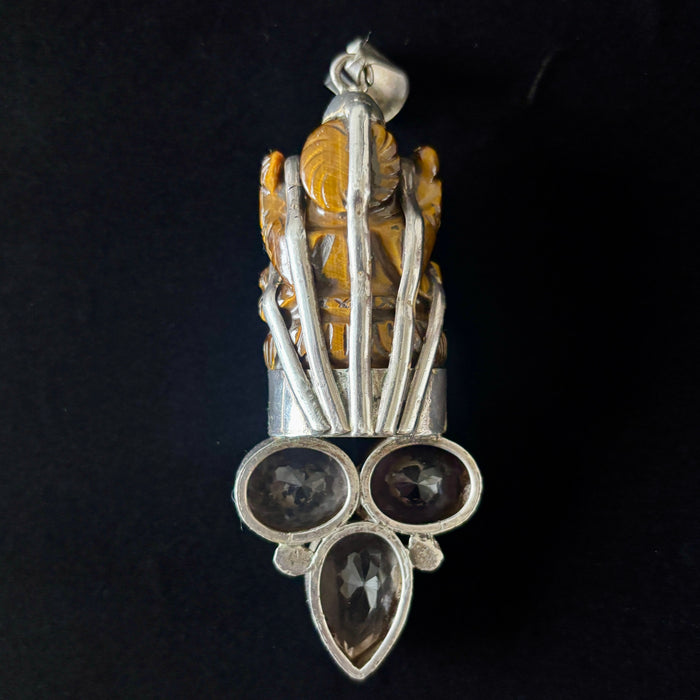Tigers Eye Pendant Ganesha Amethyst Quartz Sterling Statement