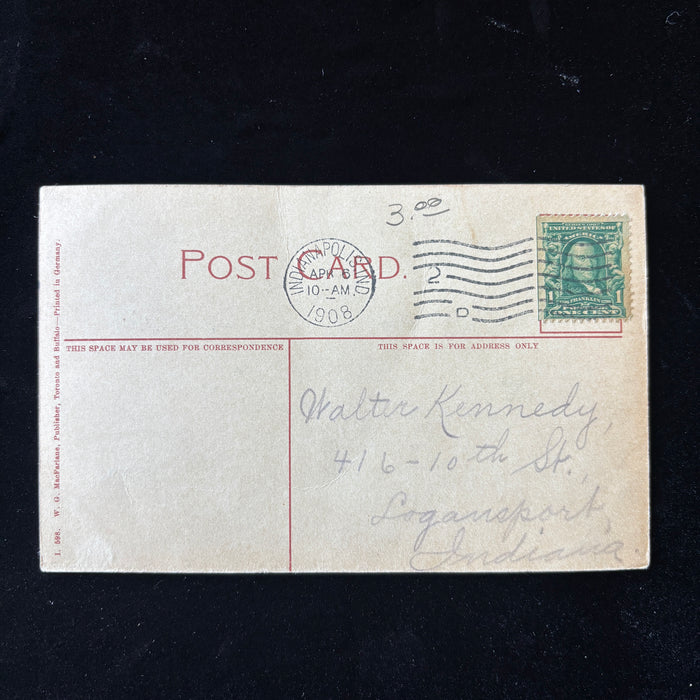 Antique Postcard 1908 Indianapolis University Park Colfax Statue Front Postmark