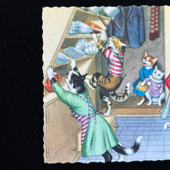 Vintage Postcard Alfred Mainzer Anthropomorphic Cat Kitchen Chaos Dish Washing