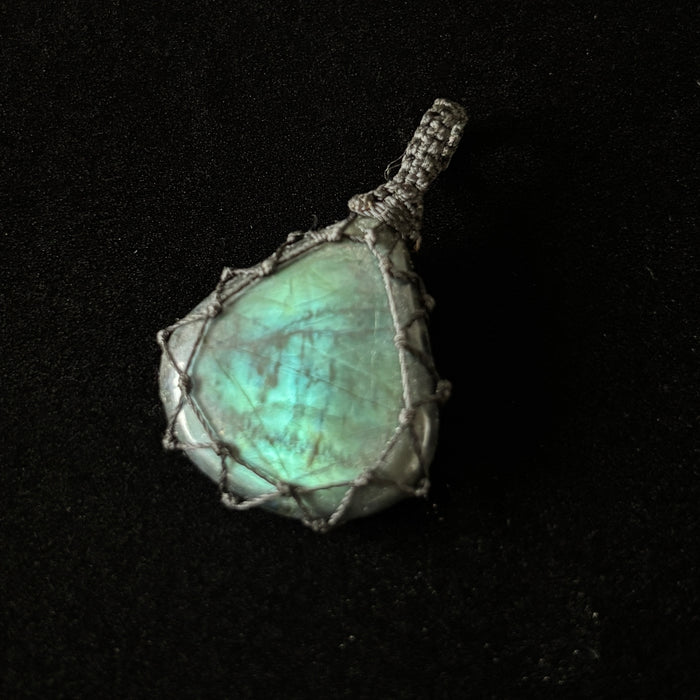 Labradorite Pendant Macrame Blue Flash Teardrop Charm