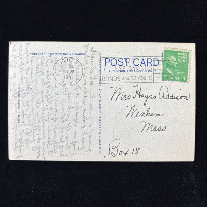 Vintage Postcard 1941 Utica NY Public Library Pre-WWII Message Social History