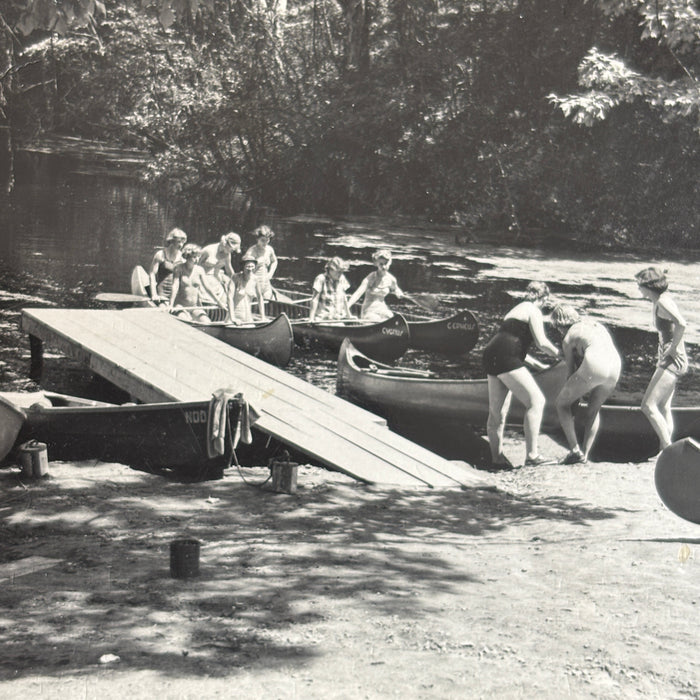 Vintage Postcard 1950s RPPC Canoes Cygnus Cepheus Nod Summer Camp Women Swimsuit