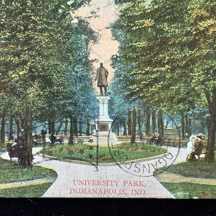 Antique Postcard 1908 Indianapolis University Park Colfax Statue Front Postmark