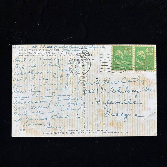 Vintage Postcard 1953 Betsy Ross House Philadelphia Movie History Hapeville GA