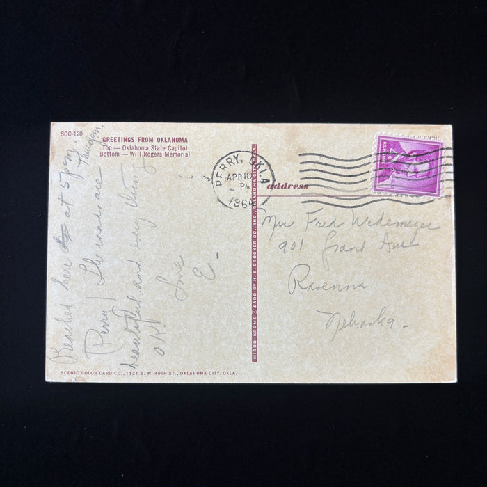 Vintage Postcard 1964 Greetings From Oklahoma Perry Will Rogers Memorial Posted