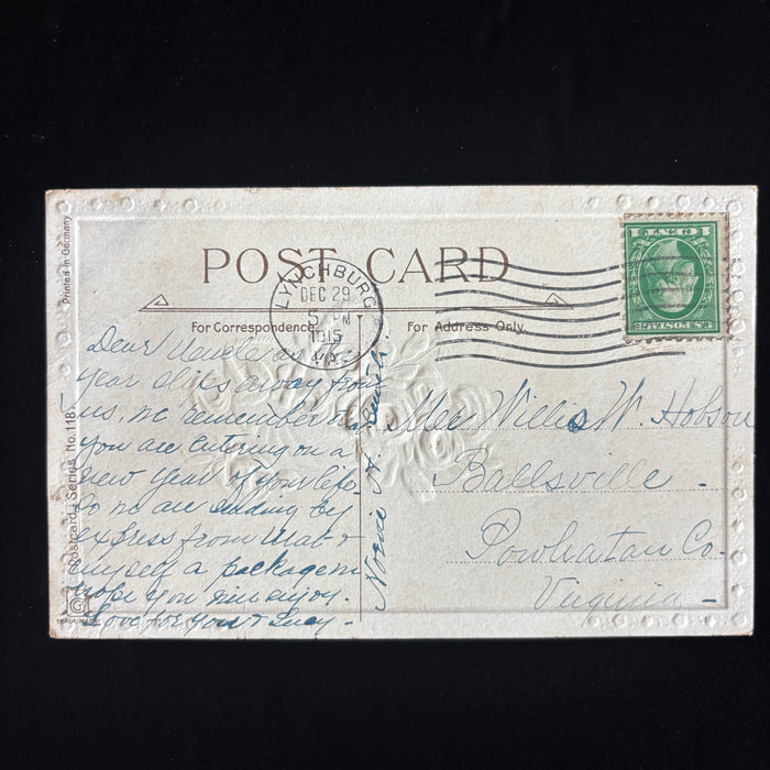 Antique Postcard 1915 Birthday Greeting Embossed Roses Lynchburg Ballsville VA