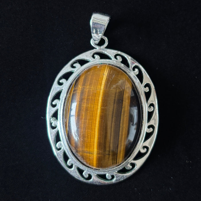 Tigers Eye Pendant Oval Gemstone Filigree Boho