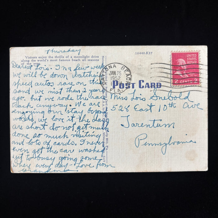 Vintage Postcard 1952 Daytona Beach Florida Racing Speed Autos Moonlight Drive