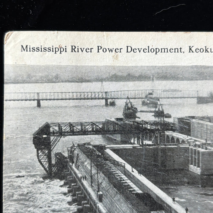 Antique Postcard 1913 Keokuk Iowa Mississippi River Power Dam Construction