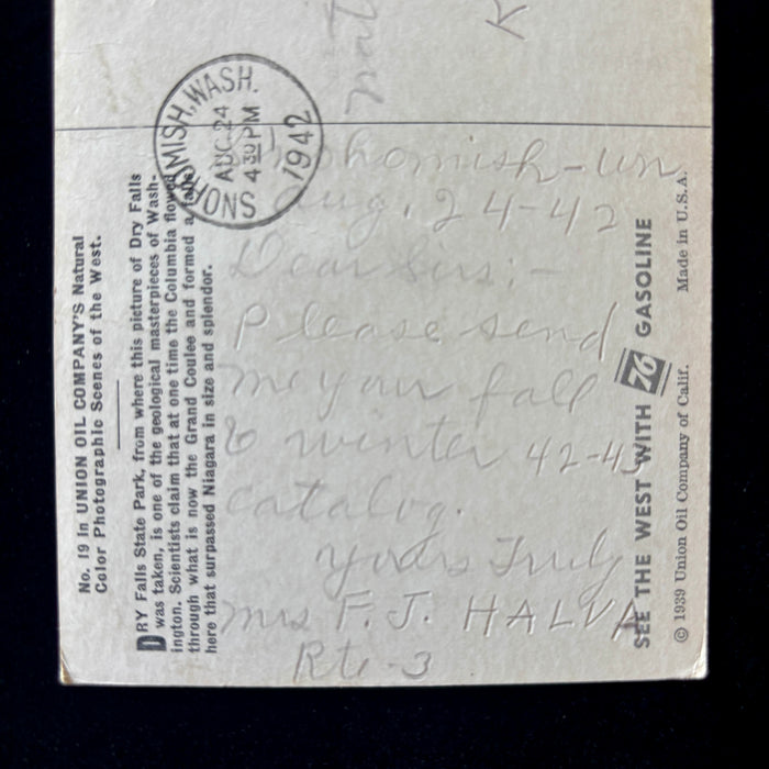 Vintage Postcard 1942 National Bellas Hess Union Oil 76 Mini Card Dry Falls WA