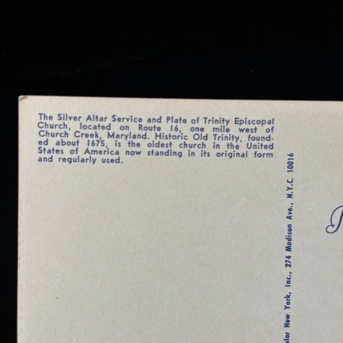 Vintage Postcard Church Creek Maryland Old Trinity Episcopal Church Silver Altar