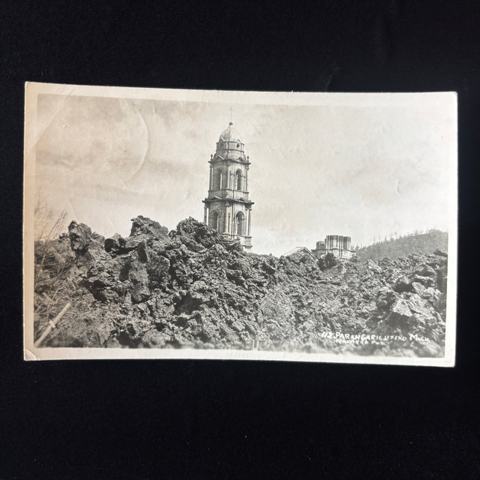 Vintage Postcard 1940s RPPC Parangaricutiro Mexico Volcano Lava Church Horseback