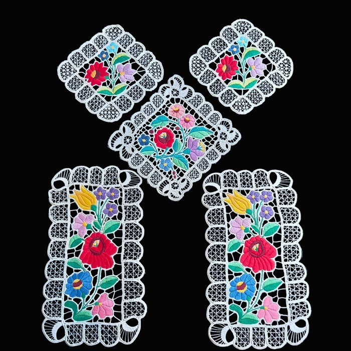 Vintage Hungarian Kalocsa Doily Set 5 Richelieu Lace Hand-Embroidered Table Mats 1970s