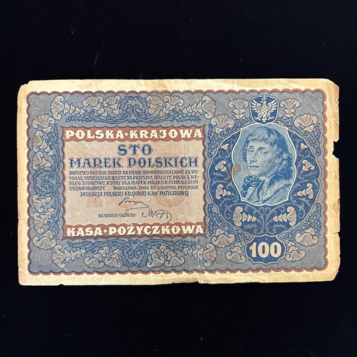 Antique Banknote 1919 Poland 100 Marek Polskich Tadeusz Kosciuszko Currency Bill