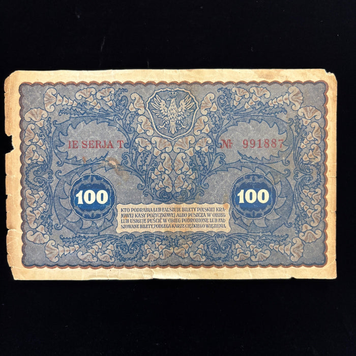 Antique Banknote 1919 Poland 100 Marek Polskich Tadeusz Kosciuszko Currency Bill