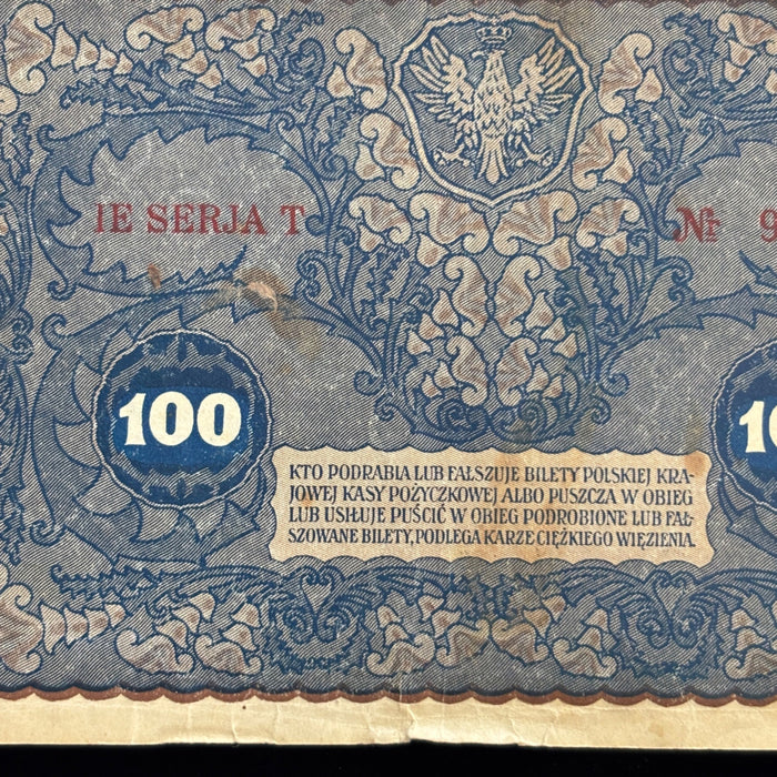 Antique Banknote 1919 Poland 100 Marek Polskich Tadeusz Kosciuszko Currency Bill