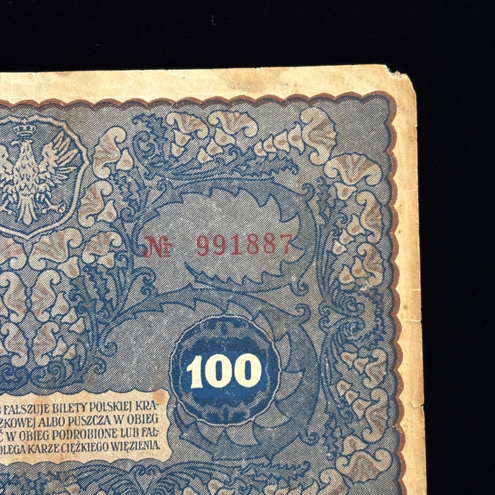 Antique Banknote 1919 Poland 100 Marek Polskich Tadeusz Kosciuszko Currency Bill