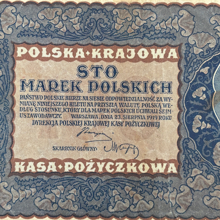 Antique Banknote 1919 Poland 100 Marek Polskich Tadeusz Kosciuszko Currency Bill