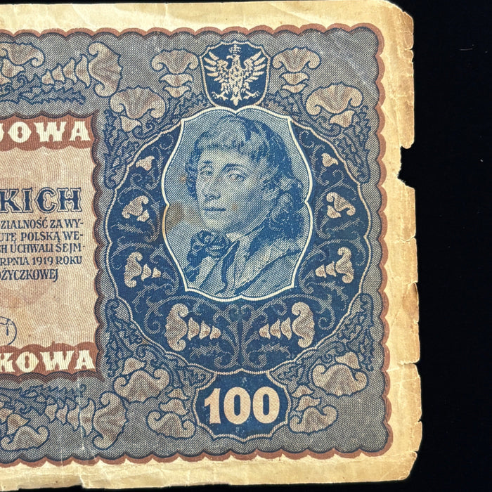 Antique Banknote 1919 Poland 100 Marek Polskich Tadeusz Kosciuszko Currency Bill