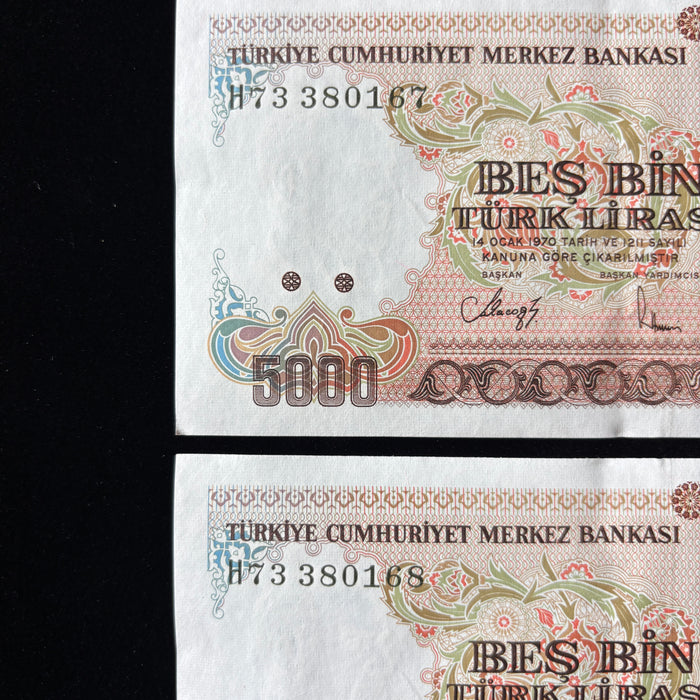 Vintage Banknote 1985 Set Turkey Consecutive Pair 5000 Lirasi UV Verified UNC