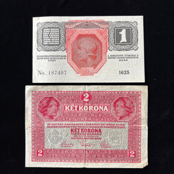 Antique Banknote 1916 Set Austro-Hungarian Deutschosterreich Overprint Kronen Lot 2pc