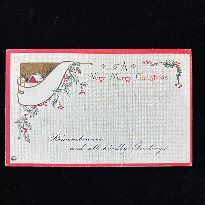 Antique Postcard 1921 Christmas Embossed Holly Berries Kirklin Indiana Perkins